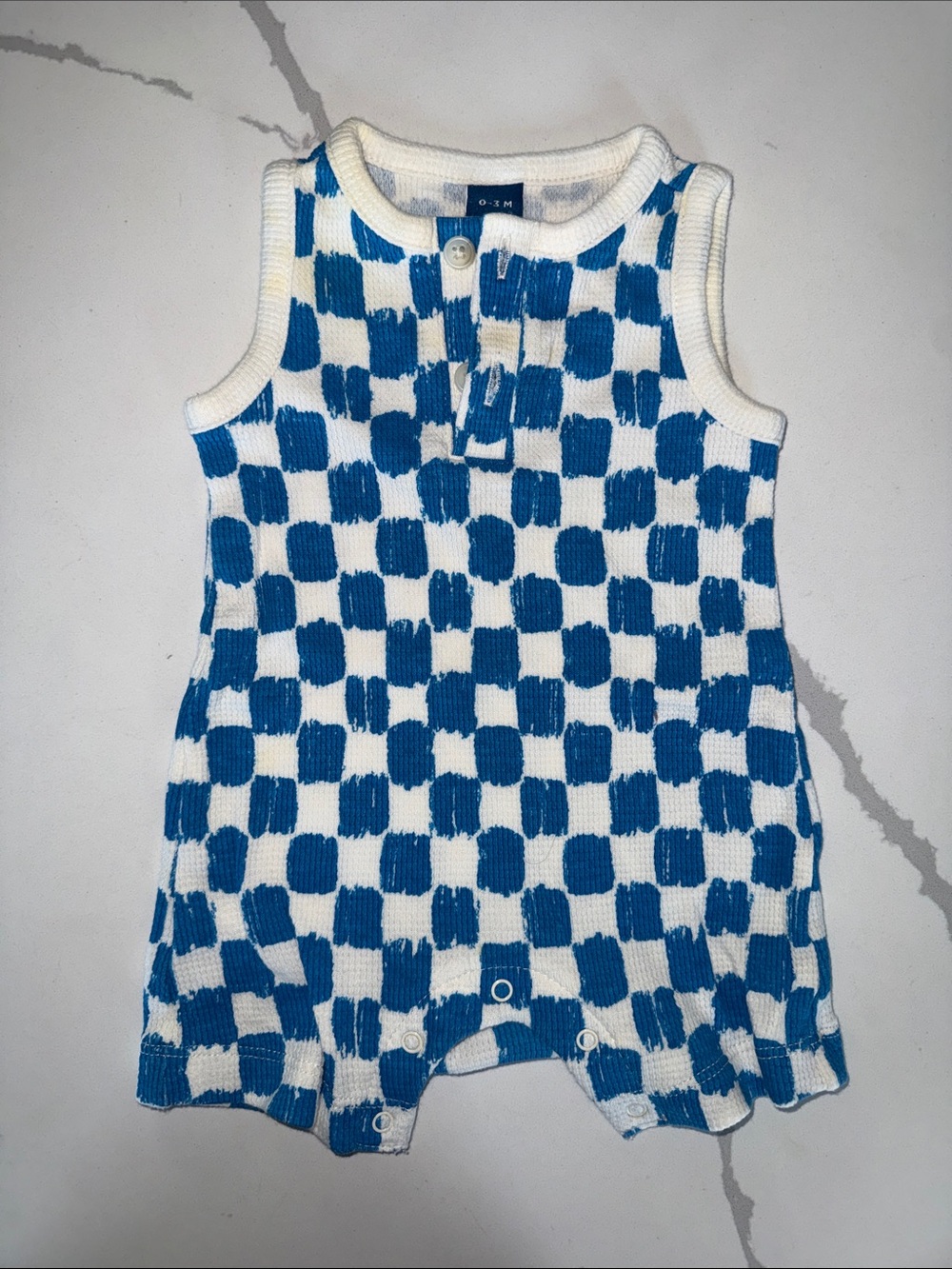 Old Navy Blue and White Check Knit Baby One-Piece